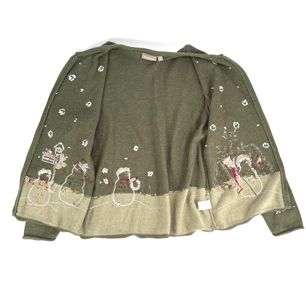 Croft & Barrow Christmas Cardigan Snowman Sweater Green MED Full Zip Grannycore